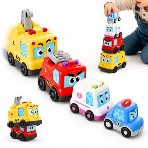 iPlay, iLearn Baby Stacking Nesting Car Toy, Toddler Montessori Vehicle Set | 4 in 1 Infant Push Go Car, Magnetic Crawling Sensory Toy w/ Light Sound, 1st Birthday Gift for 18 Month Ages 2 3 Boy Girl Kid