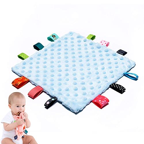 Baby Tags Security Blankets - Baby Soothing Plush Blanket with Colorful Tags, 10"x10" Square Sensory Toys, Lovey for 3 Months+ Babies Boys and Girls (Blue)