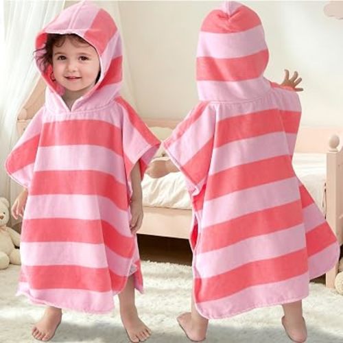 VOOVA & MOVAS Toddler Towel with Hood 1-3Y,100% Cotton, Pink‑Bar Stripe