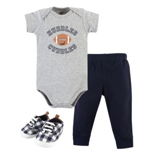Hudson Baby Infant Boy Cotton Bodysuit, Pant and Shoe Set, Football Huddles Short Sleeve, 12-18 Months