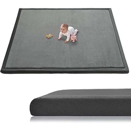 Baby Play Mat for Floor, 1.3 Inch Thick Memory Foam Tummy Time Mat with Non Slip Backing, Soft Coral Velvet 59X79 Inch Playpen Mat Crawling Tatami for Infants Toddlers Kids, Dark Gray