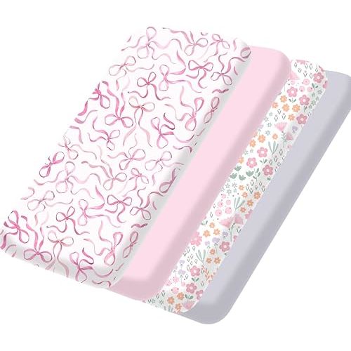 Bimocosy Pack and Play Sheets 4 Pack, 38" x 26" Mini Crib Sheets for Girls