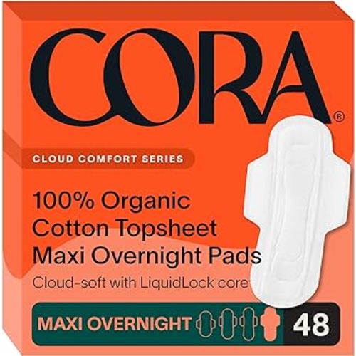 Cora 100% Organic Cotton Topsheet Pads (48 Maxi Overnight Pads)