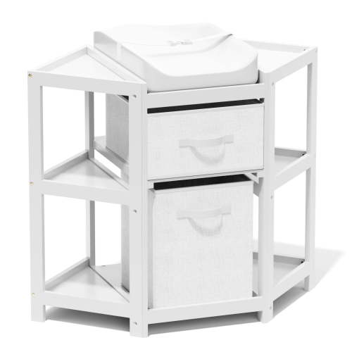 XJD Baby Corner Changing Table Diaper Changing Station with Storage Drawers with Laundry Hamper, Storage Bin, and Contoured Pad for Baby - White