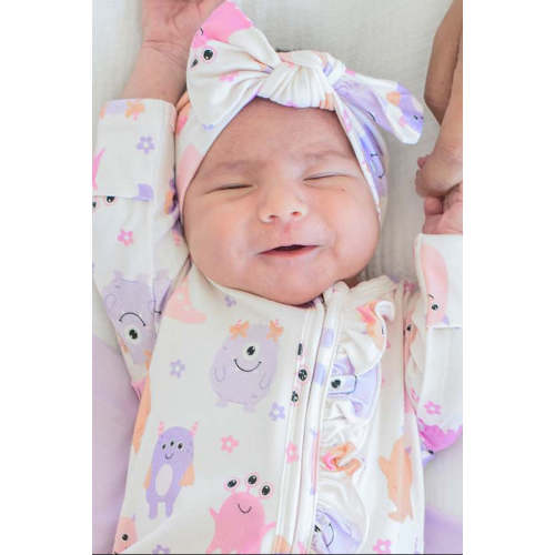 Knit Large Bow Headwrap in Mini Monsters Pink | Caden Lane