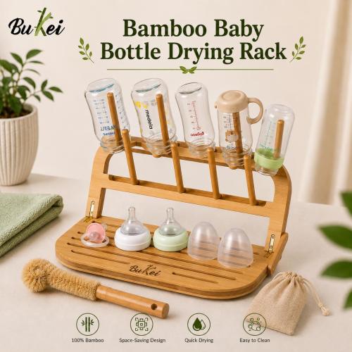Natural Bamboo Baby Bottle Drying Rack with Coconut Brush, Foldable, Portable, Sustainable