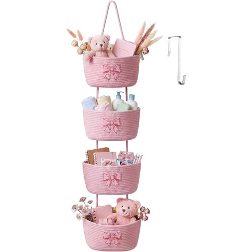 Vesici Pink over The Door Hanging Basket 4-tier Bow Woven Cotton Wall-mounted Storage Organizer Bag Decorative Hanging Bedroom Baskets