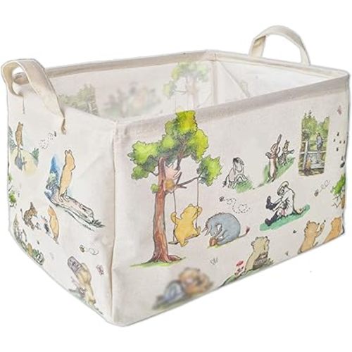 Winnie Laundry Storage Basket, Pooh Storage Basket, Foldable Canvas Laundry Hamper with Waterproof PE Coating Diaper Clothes Toys Storage, Storage Baskets for Nursery, Bear Baby Shower Gifts
