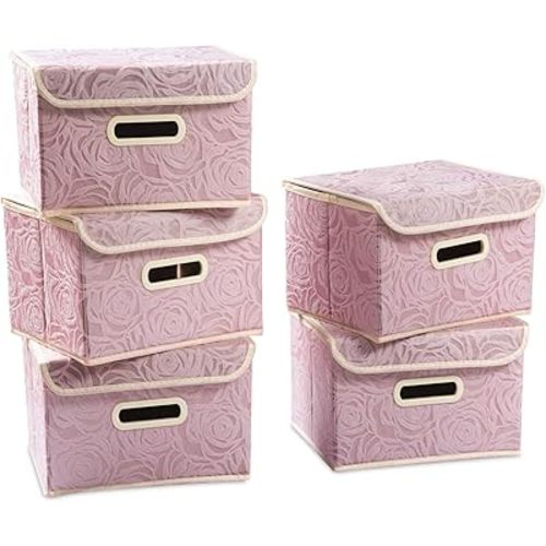 PRANDOM Foldable Storage Boxes with Lids [5-Pack] Fabric Decorative Storage Bins Cubes Organizer Containers Baskets with Cover Handles Divider for Bedroom Closet Living Room Pink 9.8x7.9x6.7 Inch