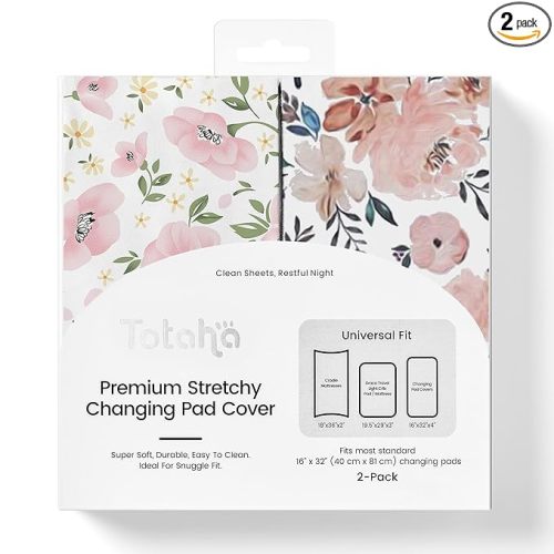 TotAha Premium Stretchy Changing Pad Covers (2-Pack) Hypoallergenic, Silky Comfort, Buttery Soft, Calming Effect, All-Season Jersey-Knit 5'' Deep Pocket(Meredith Allover Floral & Pale Pink Flowers)