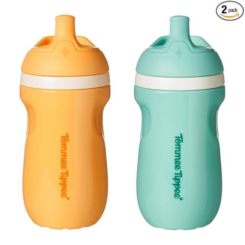 Tommee Tippee Insulated 9oz Sporty Spout Toddler Water Bottle, No Spill, Sippy Cups for Toddlers 1-3, Two-Piece Valve Helps Stop Spills, Light Blue & Orange, BPA Free, Pack of 2
