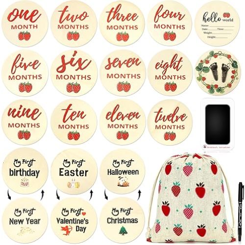 Baby Monthly Milestone Disc Set – 12 Strawberry Monthly Milestone Cards, 3 Holiday Discs for 6 First Celebrations, 1 Baby Announcement Sign – Newborn Announcement Sign, Berry First Birthday Decor