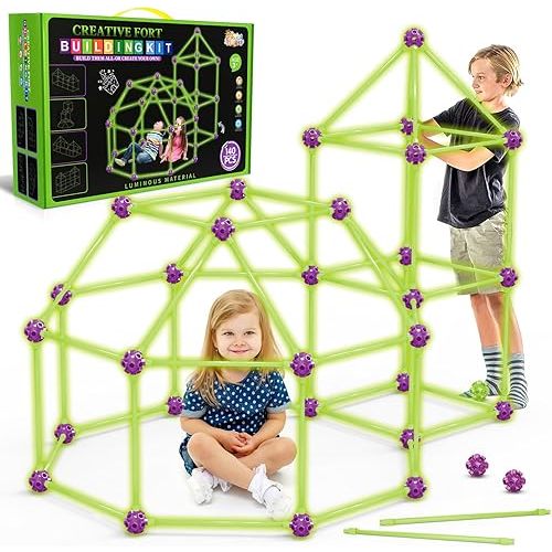 Glow In The Dark Fort Building Kit for Kids,STEM Construction Toys, Educational Gift for 4 5 6 7 8 9 10 11 12 Years Old Boys and Girls,Ultimate Creative Set for Indoor & Outdoors Activity,140 Pcs