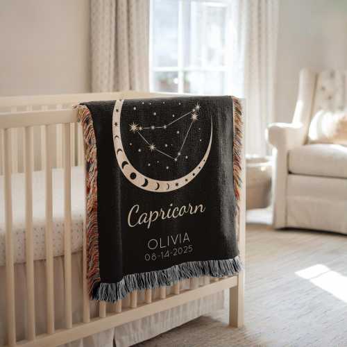 Personalized Capricorn Star Sign Baby Blanket, Custom Zodiac Sign Constellation Throw with Name & Birth Date, Baby Gift Capricorn Newborn