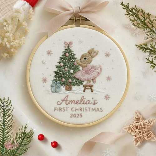 Bunny Baby's First Christmas Hand Embroidered Ornament, Personalized Handmade Holiday Decor, New Baby Ornament, Baby Shower Gift