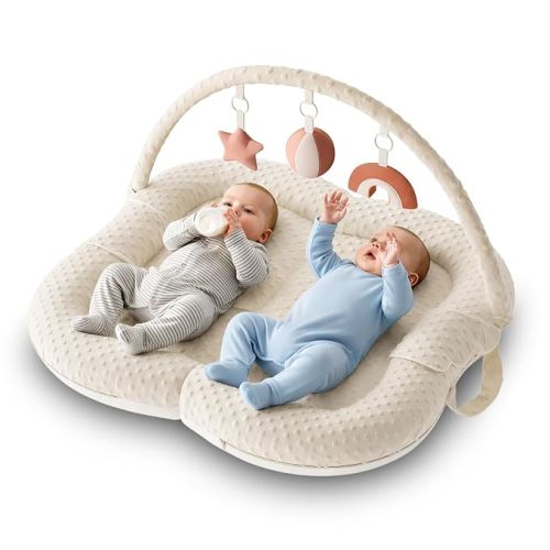 Twins Baby Play Mats for Floor Activity Gym - 5-in-1 Support Cushion Baby Play Mat Tummy Time Mat for Supervised Bonding with Arch, Plush Toys, Flashcards & Development - Beige