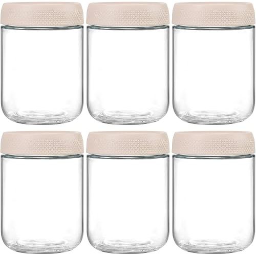 6 Pack Overnight Oats Containers with Lids, 16oz Clear Glass Mason Jars with Airtight Lids, Breakfast Oatmeal Container to Go, Salad Meal Prep Jars for Salad Food Cereal Snacks Yogurt Storage, Beige