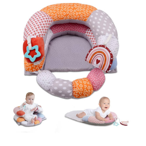 2-in-1 Tummy Time Baby Mat & Seated Support Pillow, Tummy Time Cushion with Detachable Support Prop and Toys, for Early Development Support for Newborns and Older Babies