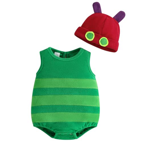 Pudcoco Infant Baby Boys Girls Halloween Hungry Caterpillar Costume Sleeveless Striped Fleece Bodysuit and Hat Outfit Set