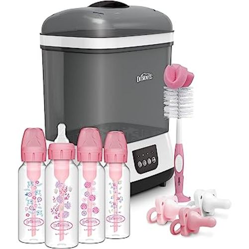 Dr. Brown’s Anti-Colic Options+ Baby Bottles 8 oz, Level 1 Nipple, 4 Pack, Pink Floral, 0m+ with Sterilizer, Bottle Brush, and HappyPaci Pacifier 0-6m, Pink Gift Set