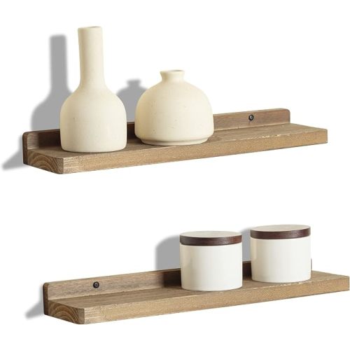 Freezing point Floating Shelves for Wall Set of 2 Natural Wood 16Inch Wall Shelf Decor Plant Display Collectibles Mounted Kitchen Bathroom Bedroom Corner Decorative Storage Stand Brown