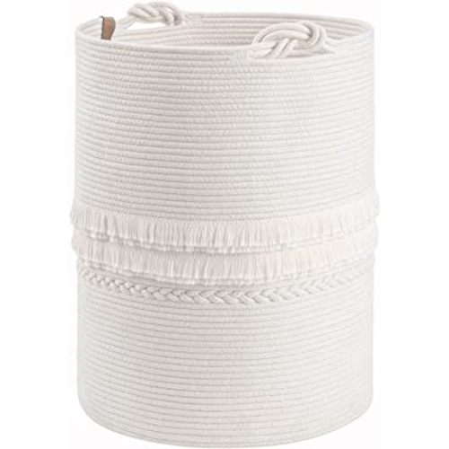 CherryNow Baby Laundry Hamper for Nursery, Tall Basket for Laundry Room, White Woven Storage Basket for Clothes, Toys, Towels, 16 x 22 inches, 69L