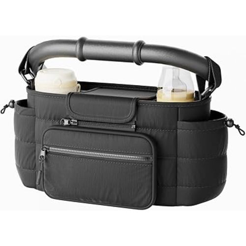Stroller Organizer Caddy with Insulated Cup Holder & Detachable Phone Purse, Lightweight Universal Stroller Caddy for Busy Moms - Black