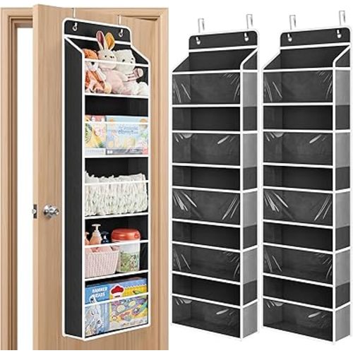 JARLINK 2 Pack Toy Stuffed Animal Storage, Over The Door Organizer W/Clear View Windows, 44lb Load, Baby Toy Storage Organizer for Nursery, Kid Bedroom, Newborn Baby Essentials (Black)