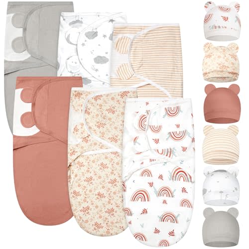 Ramede 6 Pack Baby Swaddle Blanket with Hats Sleep Swaddle for 0-3 Months Newborn Sacks Soft Cotton Wearable for Boy Girl