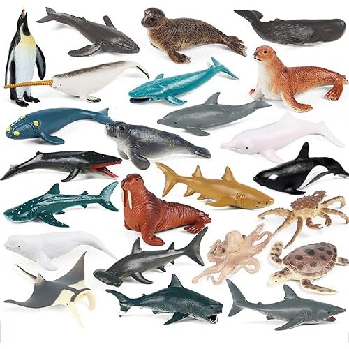 24PCS Mini Ocean Animal Figurines - Realistic Sea Creatures Toy Figures with Sharks, Whales & Walrus - Under The Sea Life Figure for Party Decoration, Easter Egg Filler & School Project