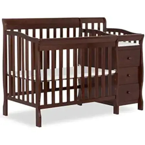 Dream On Me Jayden 4‑in‑1 Mini Convertible Baby Crib & Changer with Storage in Espresso, Pinewood, GreenGuard Gold & BSA, 1” Mattress Pad, 3 Mattress Heights, Converts to Mini Day & Twin-Size Bed