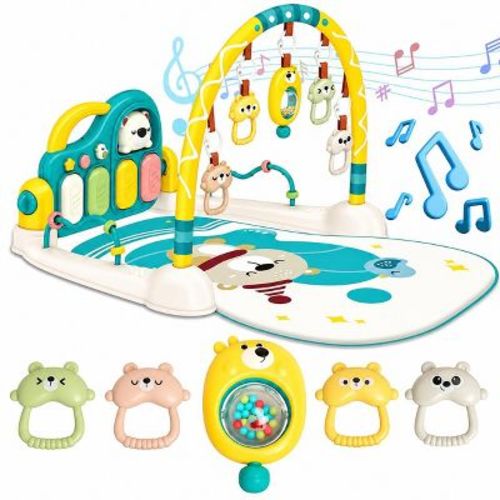 Baby Kick and Play Piano Mat with Mirror and Toys Soft Infant Activity Gym for Sensory Development-Green