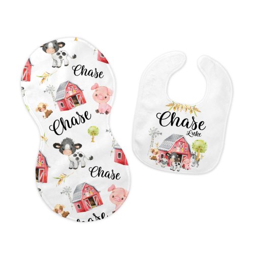 Farm Bib and Burp Cloth Set, Farm Bib, Farm Burp Cloth, Farm Nursery Theme, Personalized Farm Bib, Cow Baby Bib, Cow Burp Cloth, C1