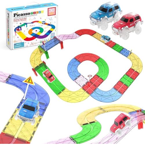 PicassoTiles Magnetic Tiles Race Track Car Thrilling Toy Playset Includes 2 Racing Trucks STEM Educational Magnet Tile Building Block Construction Set for Toddlers Boys Girls Ages 3 and Older PTR30