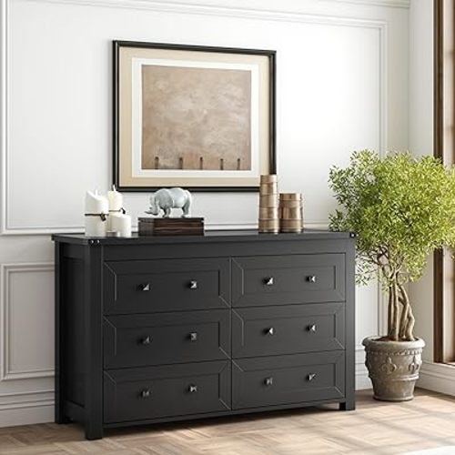 Black Dresser for Bedroom with 6 Drawers, Wood Dressers Chest of Drawers with Metal Handles, Modern Bedroom Dresser with Drawers for Closet Hallway, Living Room, Black