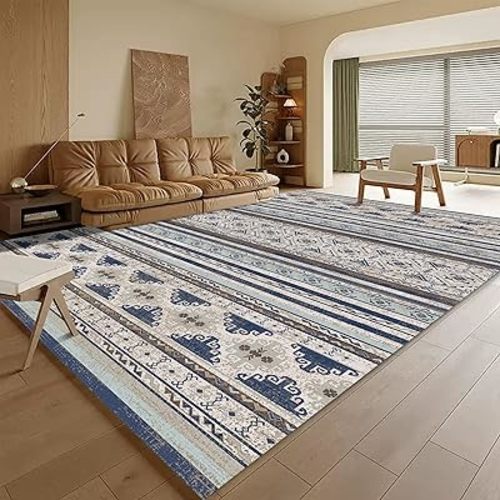 Washable Area Rugs 8' x 10' - 1/6 Thick - Moroccan-Inspired -Stain & Water Resistant Non-Slip - Resistant Rug for Living Room, Bedroom, Nursery, Pet & Child Friendly (Blue and Brown)
