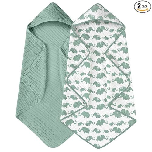 Yoofoss Hooded Baby Towels for Newborn 2 Pack 100% Muslin Organic Cotton Baby Bath Towel with Hood for Babies, Infant, Toddler and Kids, 32x32Inch, Soft and Absorbent Newborn Essential, Green Elephant