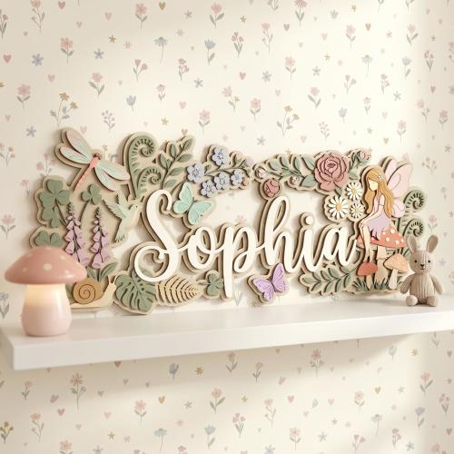 Personalized Fairy Garden Baby Name Sign, 3D Wood Enchanted Forest Nursery Decor, Custom Flower Wall Art, Butterfly Girl Room Sign, Gift