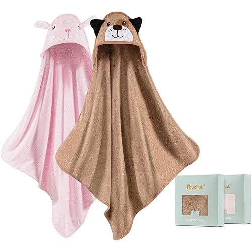 Touchat Hooded Baby Towels, Toddler Baby Bath Towels for Boy Girl 0-5 Year, 2-Pack Soft Absorbent Towels with Hood, Large Towel Set for Babies, Infant, Newborn Essential