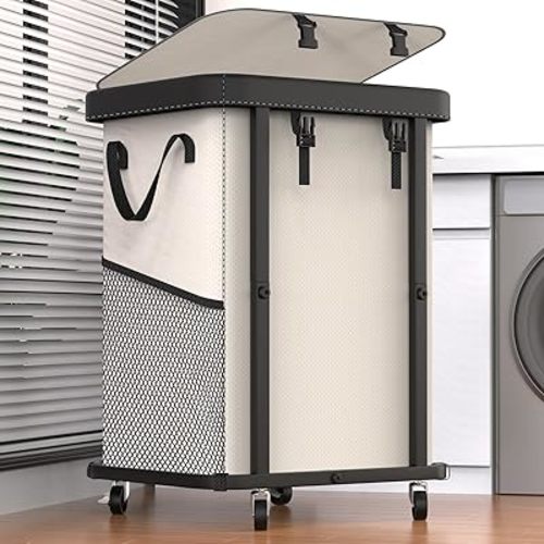 150L (40 Gal) Large Fashion Laundry Basket with Wheels, Leather Patchwork Rolling Hamper Carts, Sturdy Metal Frame, Removable Washable Bag, Tall Clothes Sorter for Bedroom, Laundry Room - Beige
