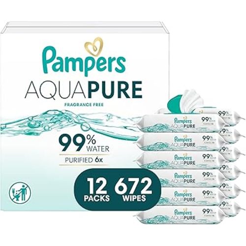 Pampers Aqua Pure Baby Wipes, 99% Water, Fragrance Free, 672 Baby Wipes Total (12X Flip-Top Packs) [Packaging May Vary]
