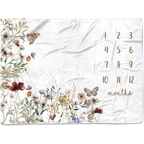 Personalized Baby Milestone Blanket - Custom Monthly Blankets with Name for Boys and Girls - Customized Shower Gifts (Wildflower MDTM39)