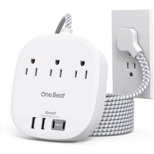 22.5W/4.5A Surge Protector Power Strip for Travel, 3 Outlets with 4 USB Ports (2 USB C), Flat Plug Extension Cord 6 Feet, Desktop USB Charging Station for Home, Office, College Dorm Essentials