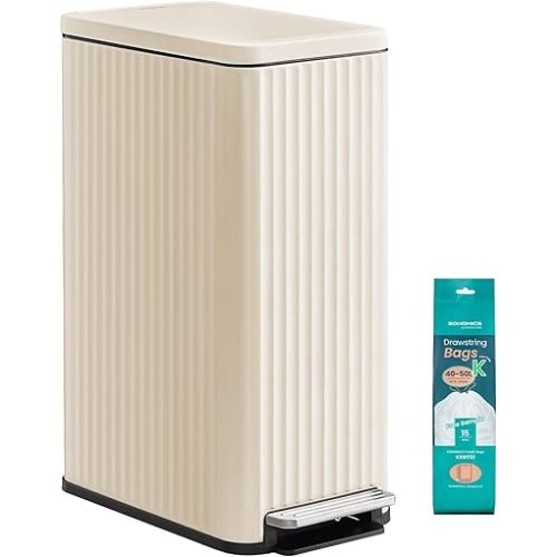 SONGMICS Trash Can, 13 Gallon (50 L) Slim Garbage Can for Kitchen, with Soft-Close Lid, Pedal, Removable Inner Bucket, Stainless Steel, 15 Trash Bags, Space-Saving, Cream White ULTB350LZ01