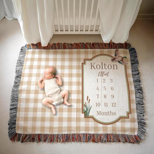 Mallard Duck Baby Growth Milestone Woven Blanket, Growth Chart Boy Month Blanket, Keepsake Baby Gift, Personal Baby Gift, Name Baby Blanket