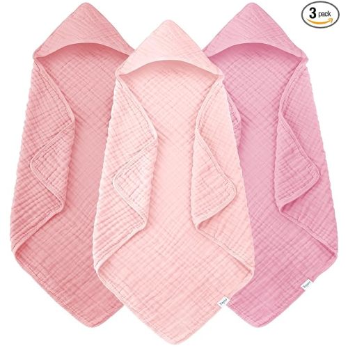 Muslin Hooded Baby Bath Towels - 3 Pack 100% Cotton Ultra-Soft Towels for Newborns, Infants, Toddlers - 32x32 Inch - Highly Absorbent, Quick-Dry Essentials for Bath Time, Beach, Pool, Sakura Series
