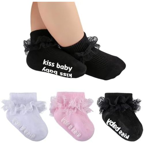 Baby Girl Ruffle Socks with Grips Lace Frilly Ankle Dress Socks