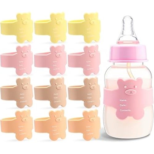 LemonRoad 12 Pcs Bottle Labels Daycare Reusable, Bear Pattern Waterproof Silicone Baby Bottle Labels Sippy Cup Bands Baby Name Tags Daycare (Vivid Color)