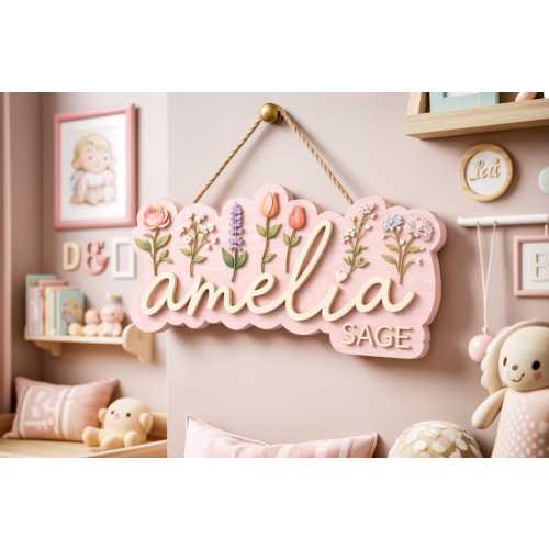 Personalized Wildflower Nursery Name Sign – Custom Wooden Baby Girl Wall Decor – Floral Kids Name Plaque – Boho Nursery Gift Idea