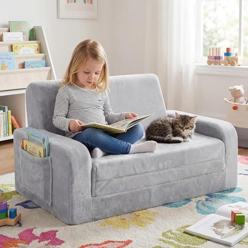 ADVWIN 3-in-1 Flip Open Kids Loveseat Sofa Convertible Toddler Couch Chair & Lounger Soft Foam Cushion for Girls and Boys, Grey